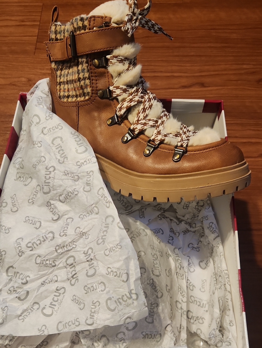 Sam Edelman Tan Faux-Fur Hiker Boot with Houndstooth Detail